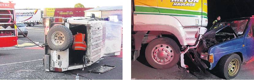 The vehicle involved in a crash at Tinwald went on to its side, while a car and truck were...