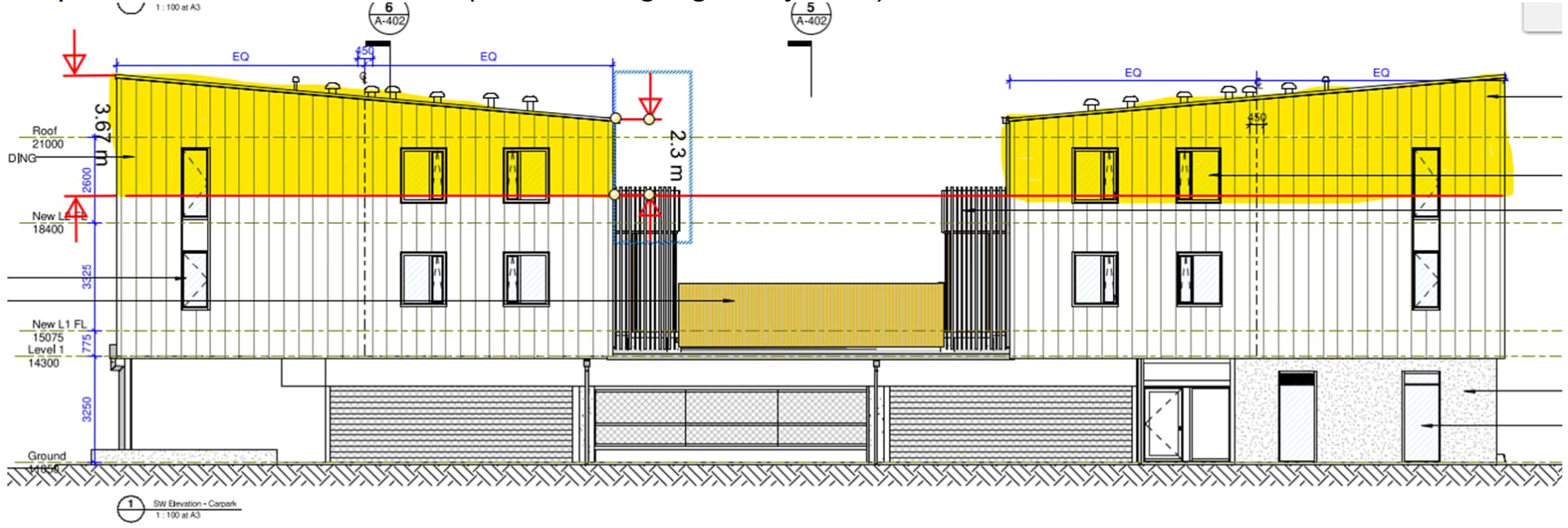 A plan of the south-west side of the proposed building showing it up to 3.67m higher than allowed...