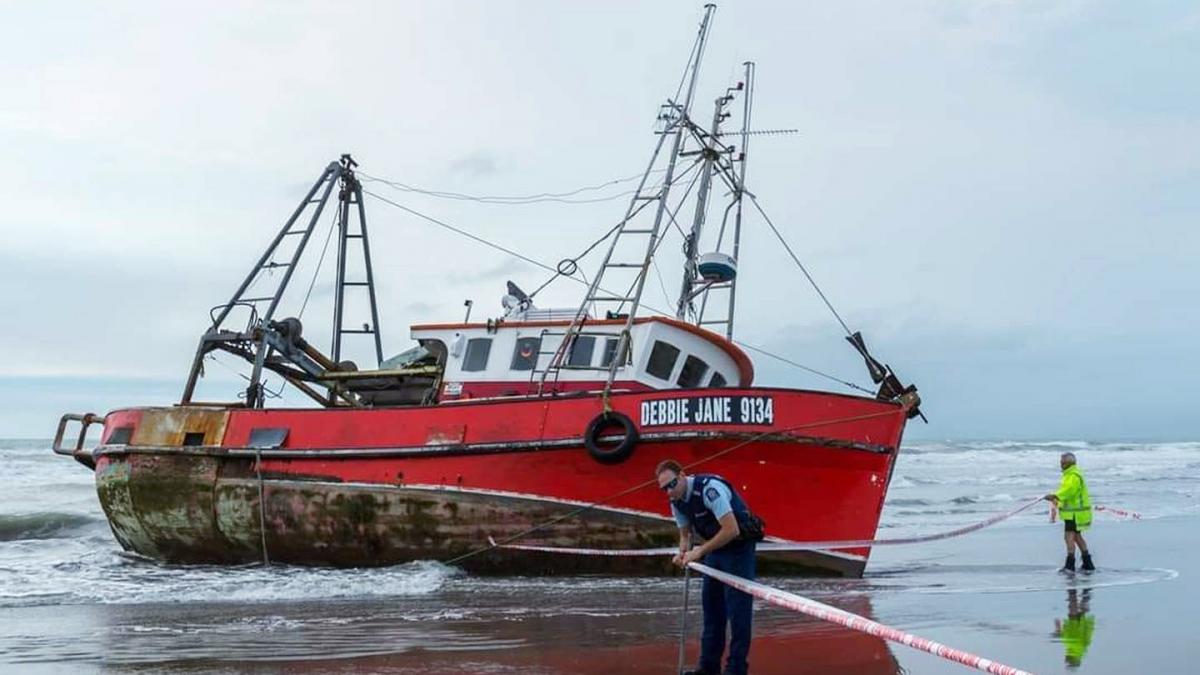 The Debbie Jane grounded on Waimairi Beach in 2019. Photo: Kiwi Creative Imaging