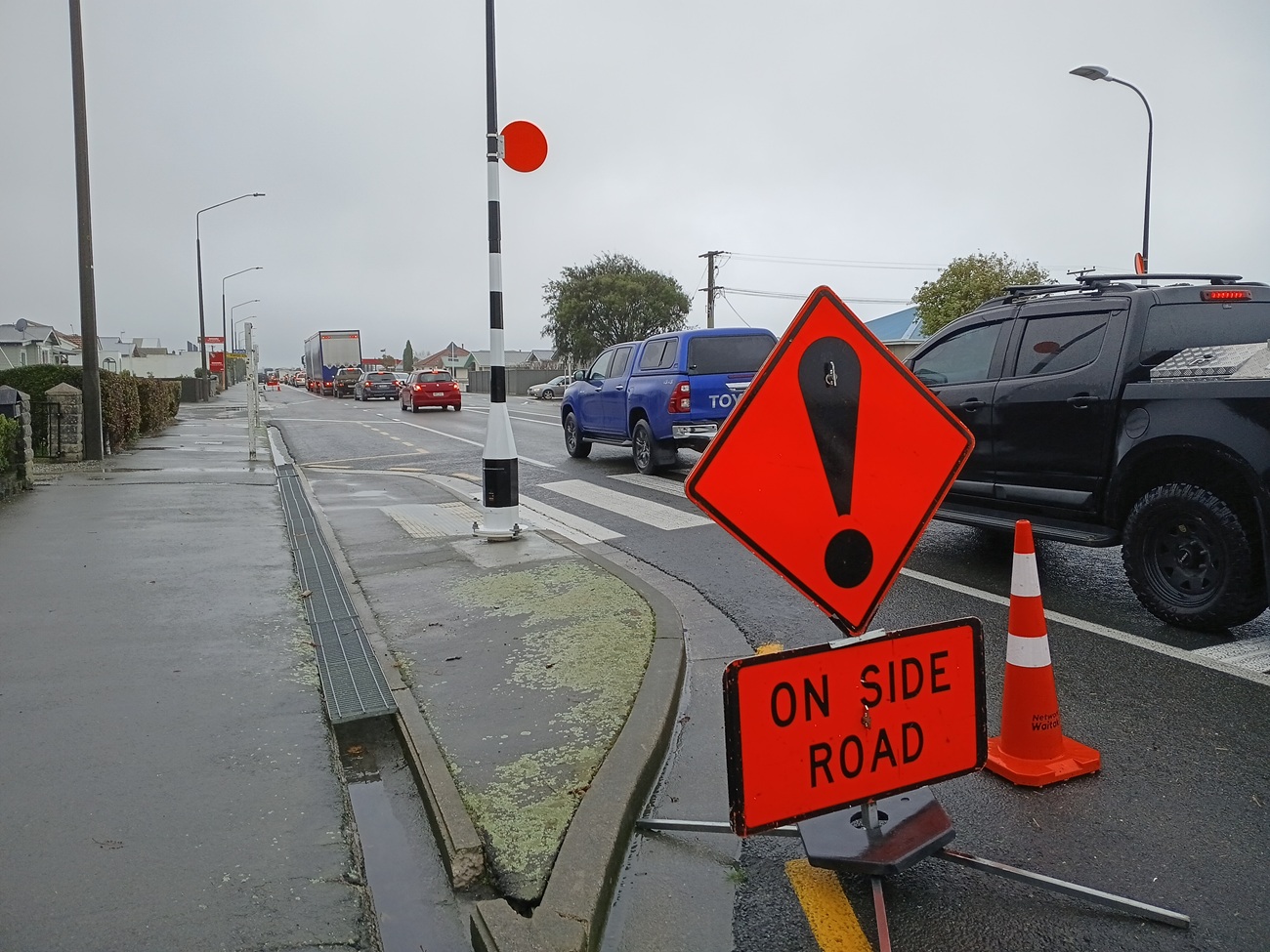 Traffic backs up in Oamaru after State Highway 1 was closed north of the town on Wednesday. Photo...