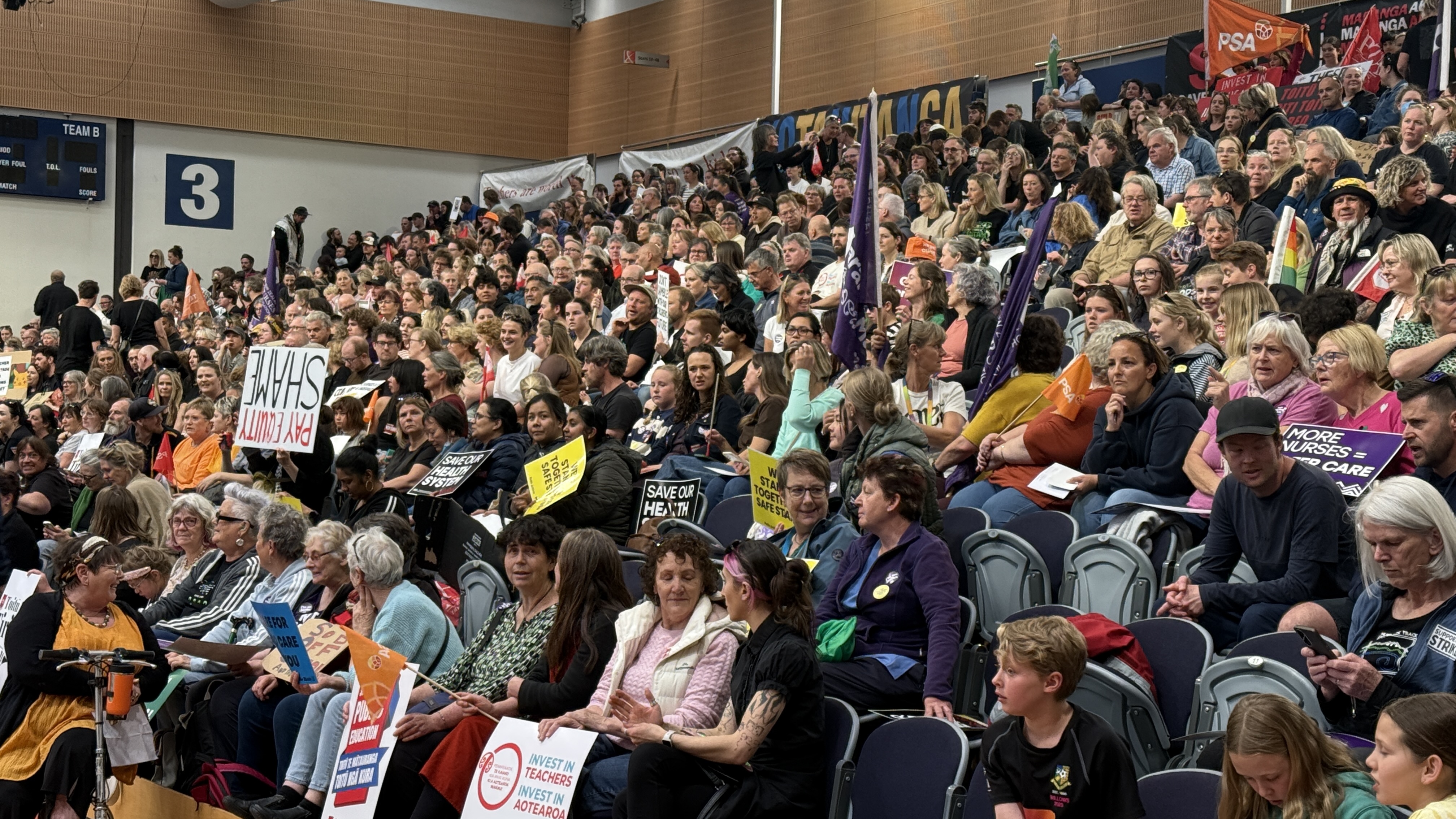 Striking workers at Dunedin's Edgar Centre. Photo: Craig Baxter