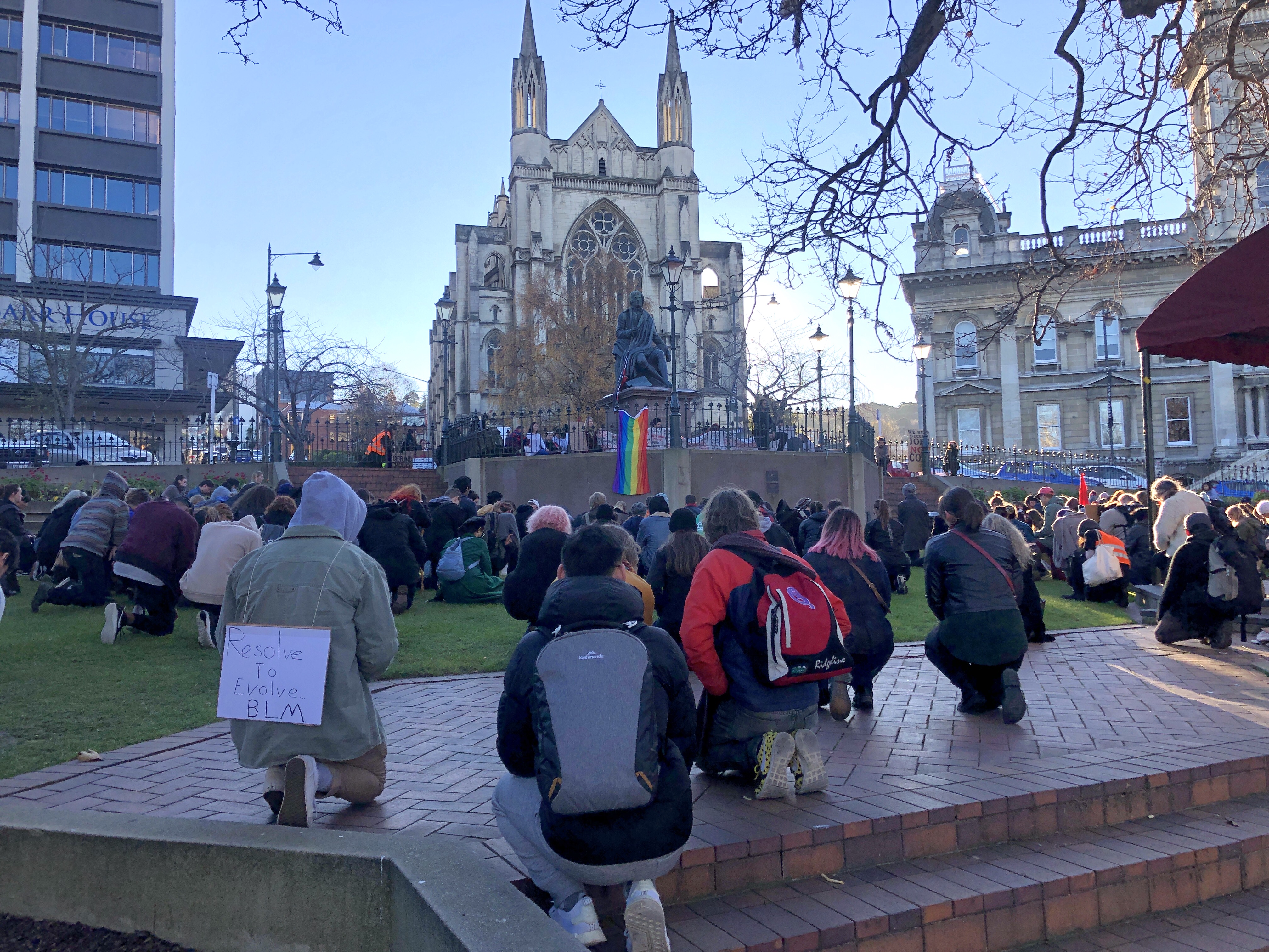 Around 300 people take a knee during an anti-racism march in Dunedin's Octagon this afternoon....