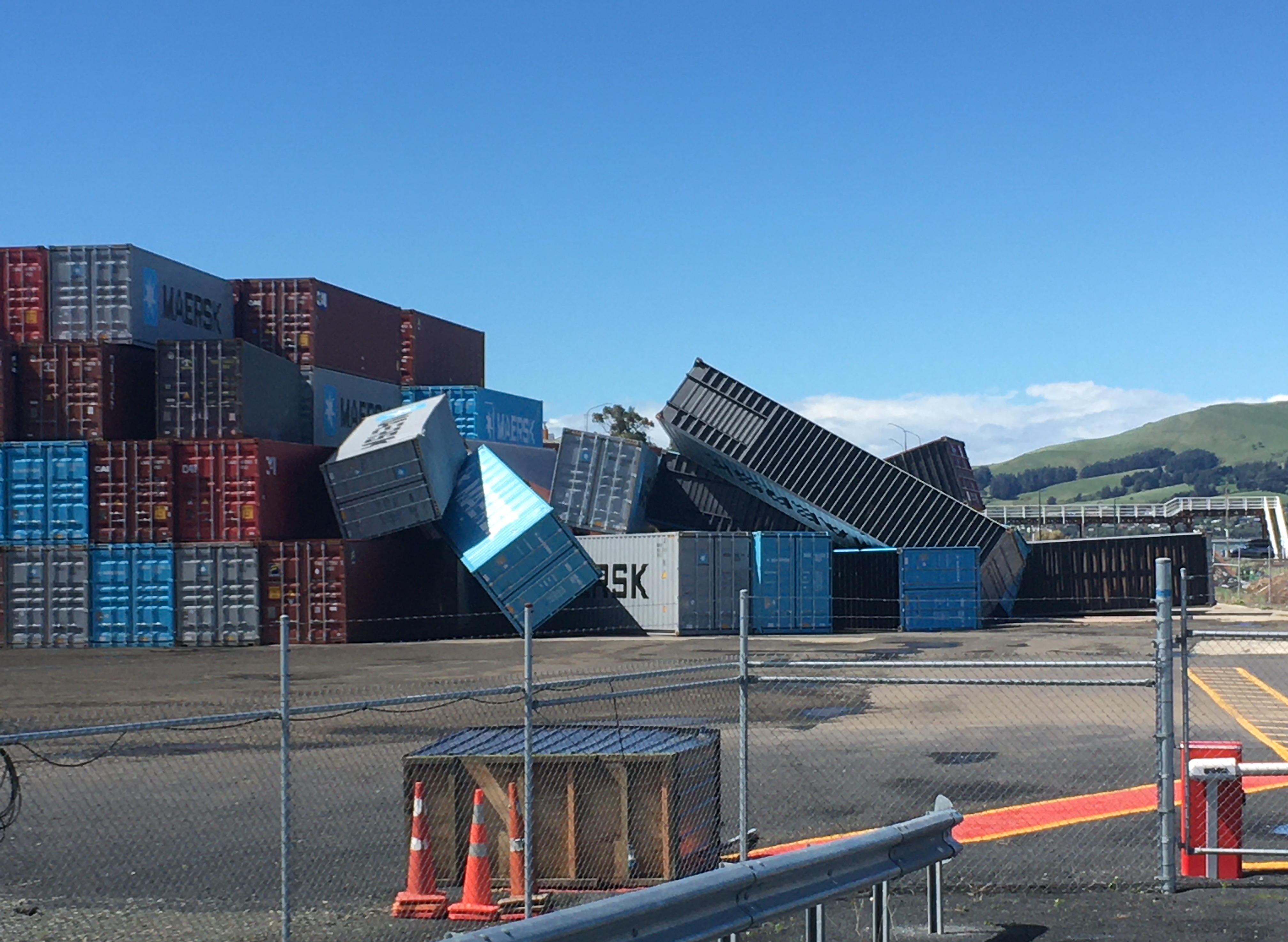 A stack of containers toppled in Ravensbourne. Photo: Gerard O'Brien