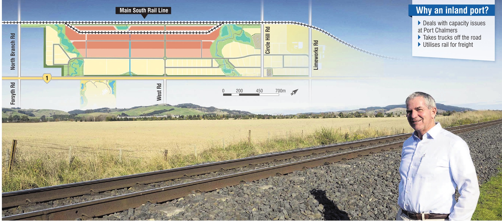 Calder Stewart director Peter Stewart stands at part of the 55ha site for an inland port between...