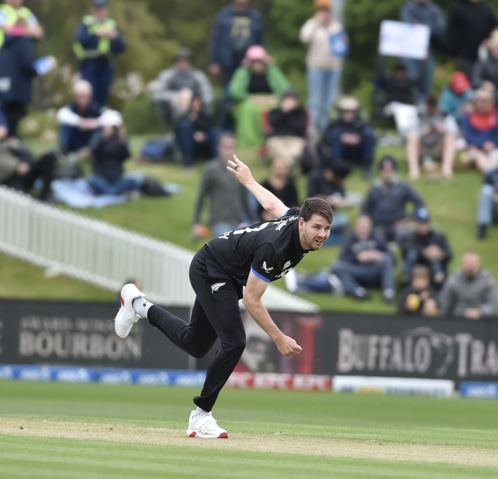 Jacob Duffy opened the bowling for the Black Caps at University Oval this afternoon. PHOTO:...