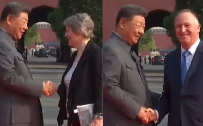 Former New Zealand prime ministers Helen Clark and John Key shake hands with Chinese President Xi...