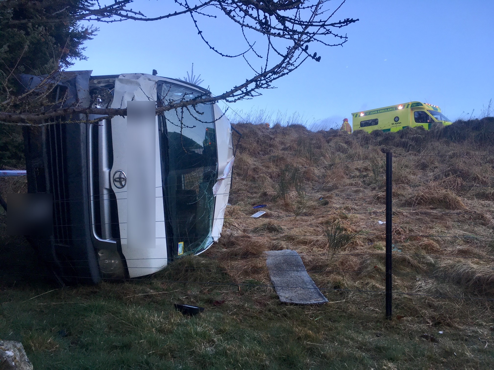 A van carrying shearers ended up on its side after leaving the road near Lee Stream bridge this...