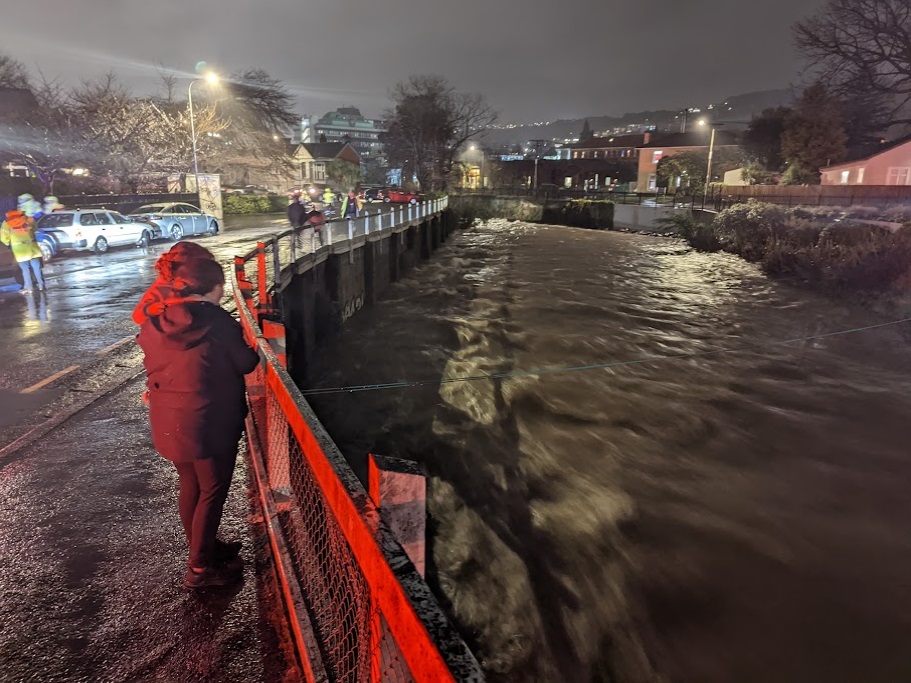 A swollen Water of Leith in North Dunedin on Tuesday evening. Photo: Vaughan Elder