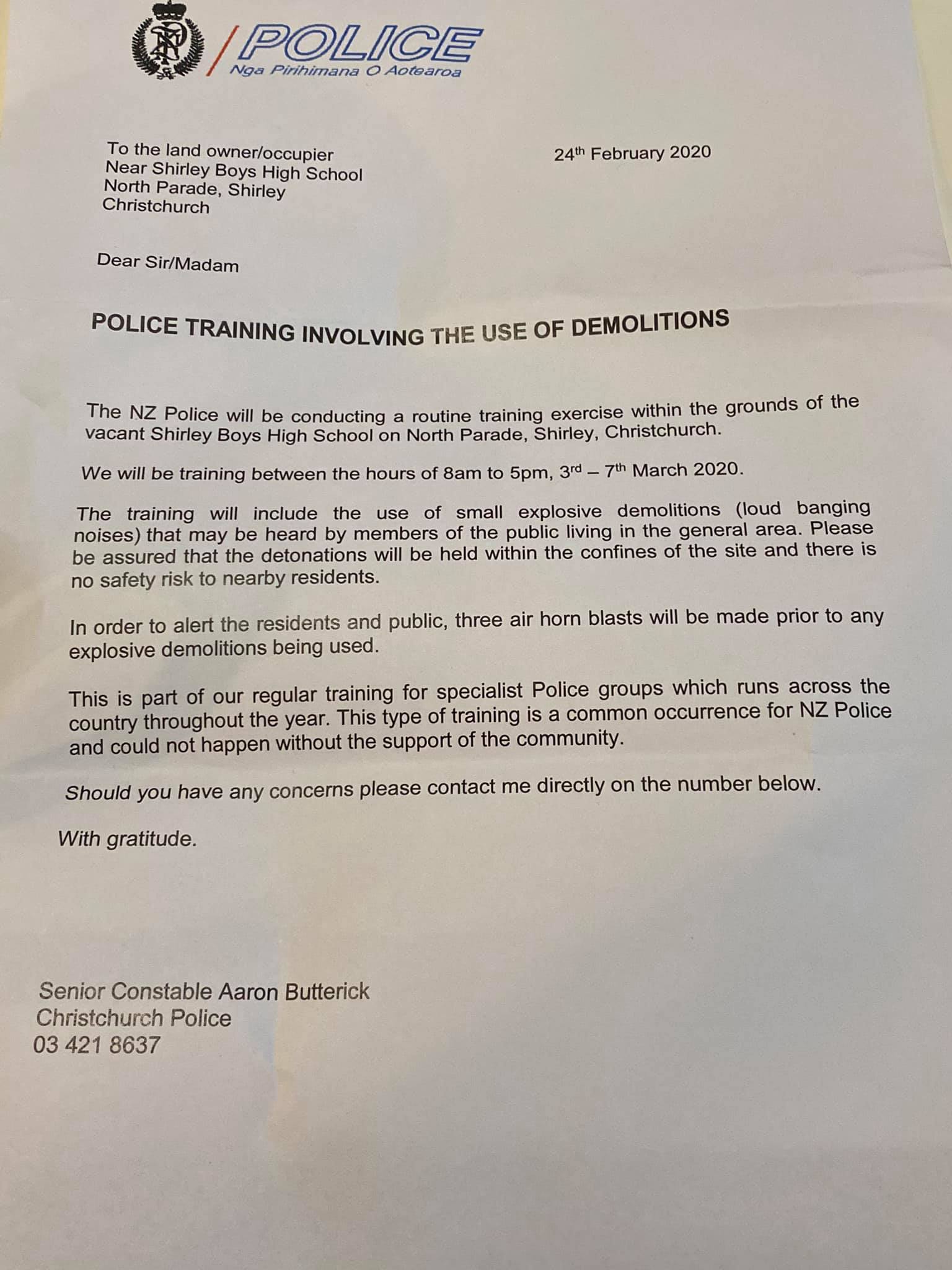 A letter about the exercise from police to nearby residents. Photo: Supplied