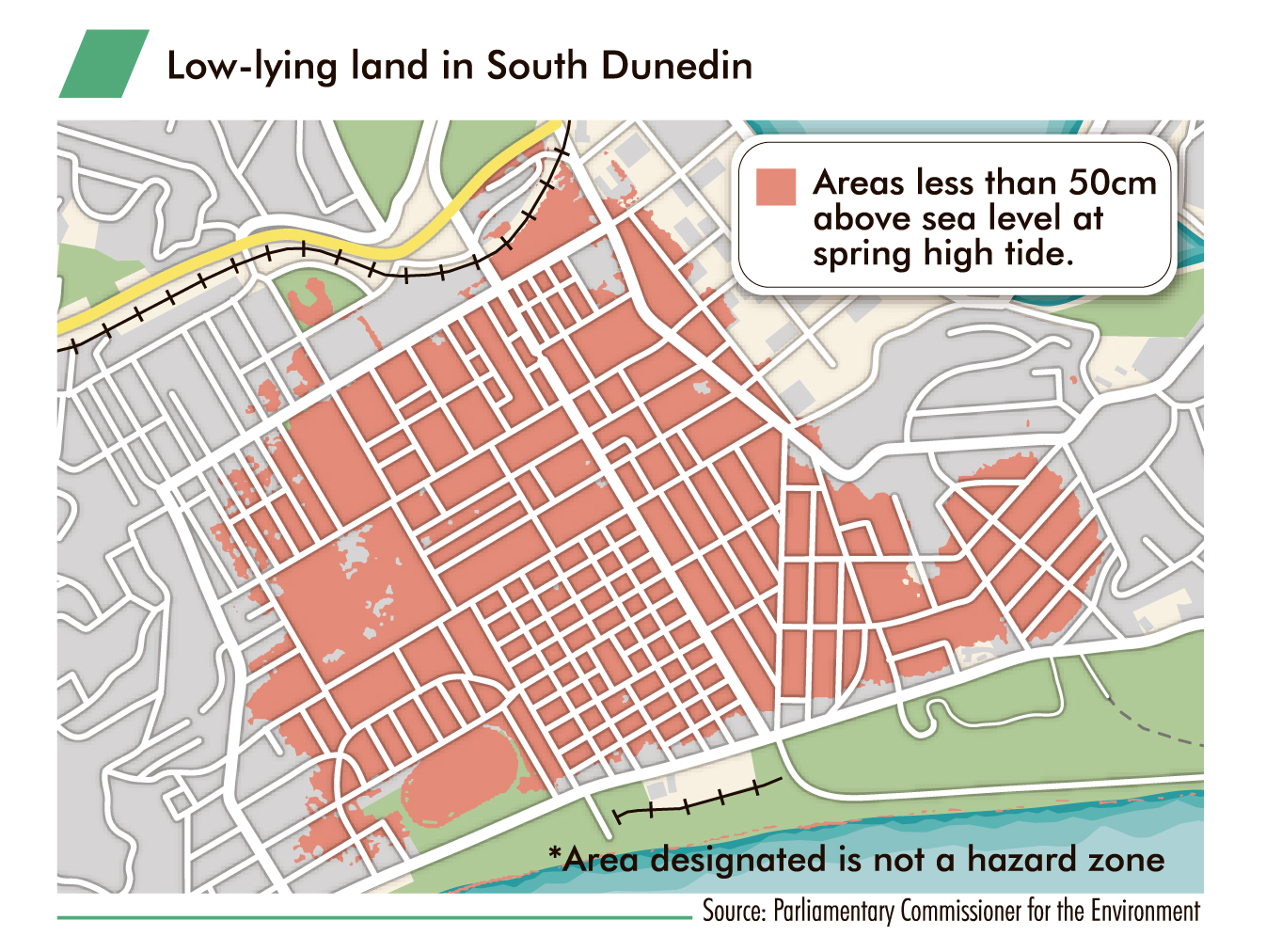 A map showing the low lying areas of greater South Dunedin. 