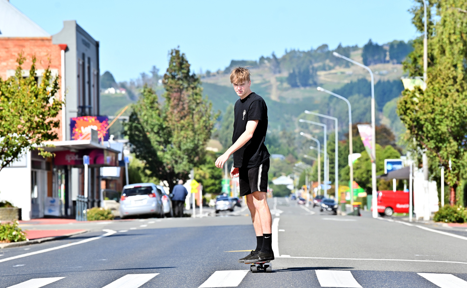 Hayden Scully (16), of Mosgiel, takes advantage of an empty Gordon Rd on Thursday. Photo:...