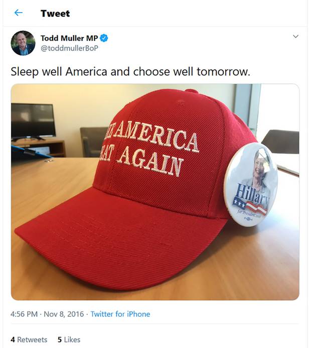 New National Party leader Todd Muller tweet 08 November 2016 - picture of a Make America Great...