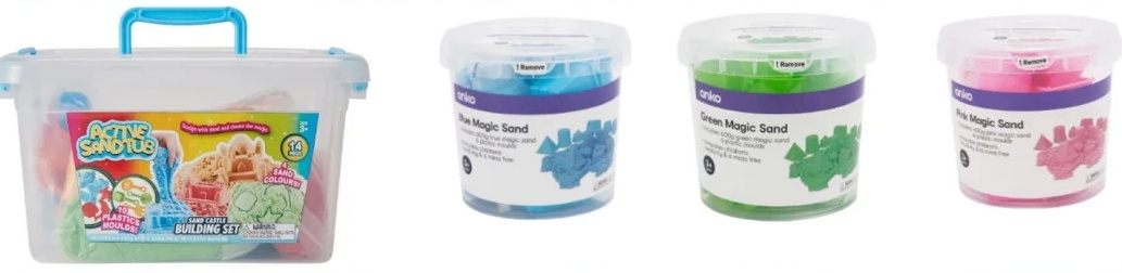 The Kmart 14-piece Sandcastle Building Set, Blue Magic Sand, Green Magic Sand, Pink Magic Sand...