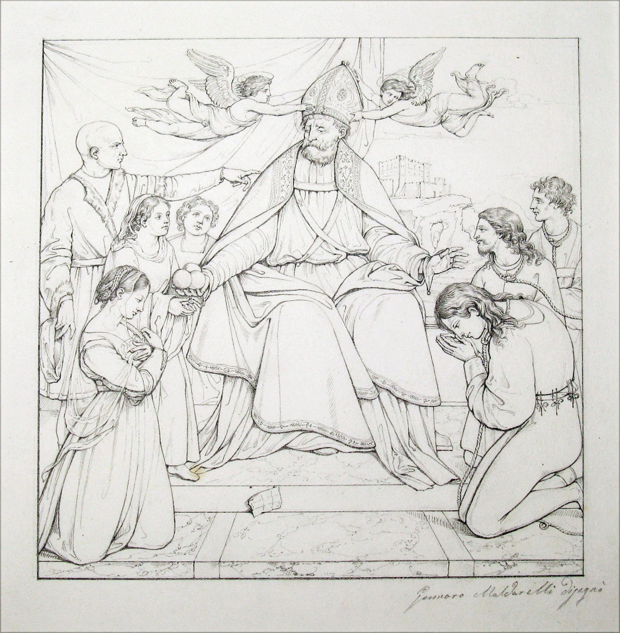 Drawing of St Nicholas of Bari, pencil on paper, 19th century, by Gennaro Maldarelli (1795-1858,...