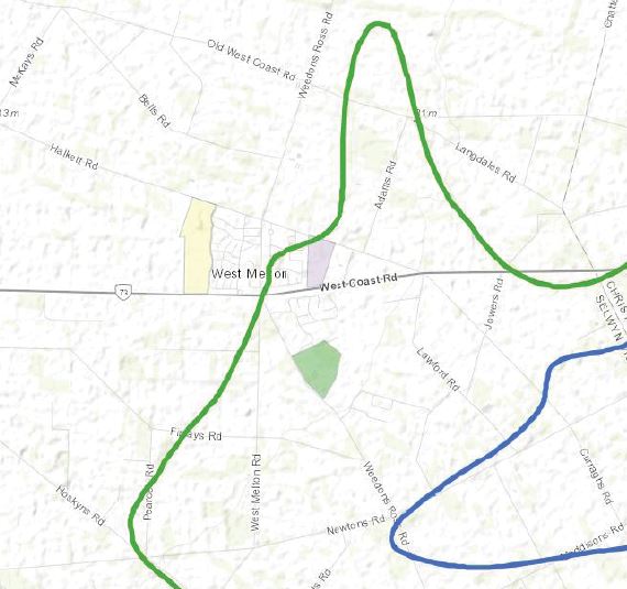 Map of proposed 50dB (green line) and 55dB (blue line) air noise contour, which encompasses some...
