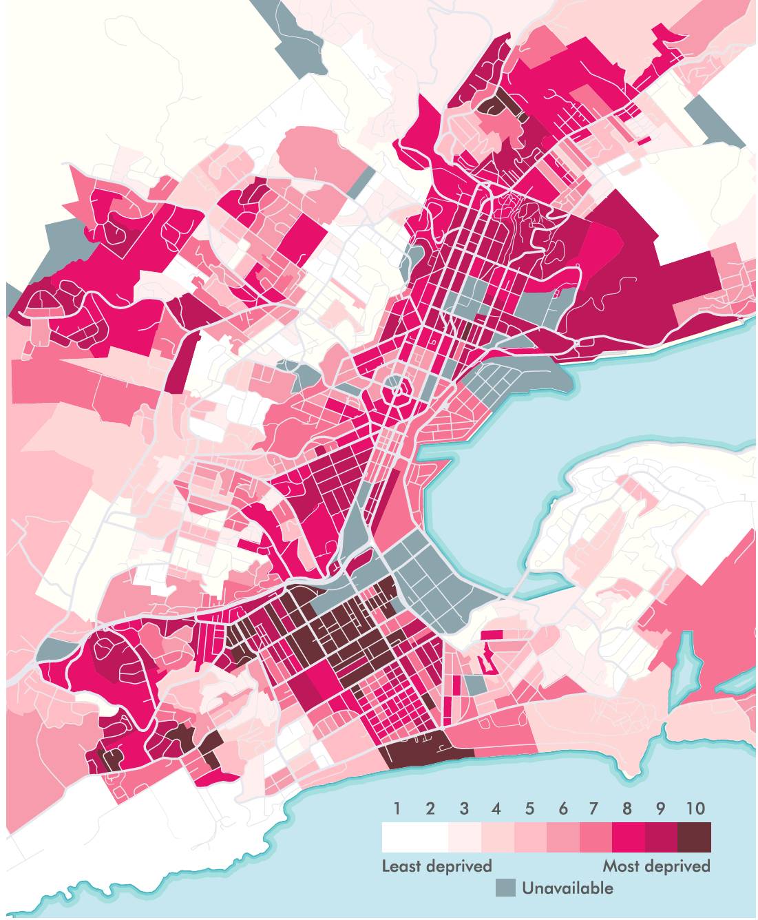 Dunedin on the Deprivation Index. Light coloured areas are those of least deprivation.