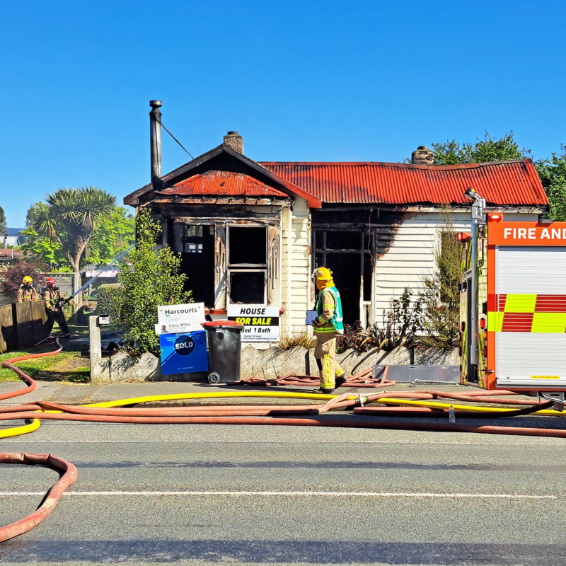 The house that was destroyed by a fire in Mataura this morning. Photo: Gerrit Doppenberg