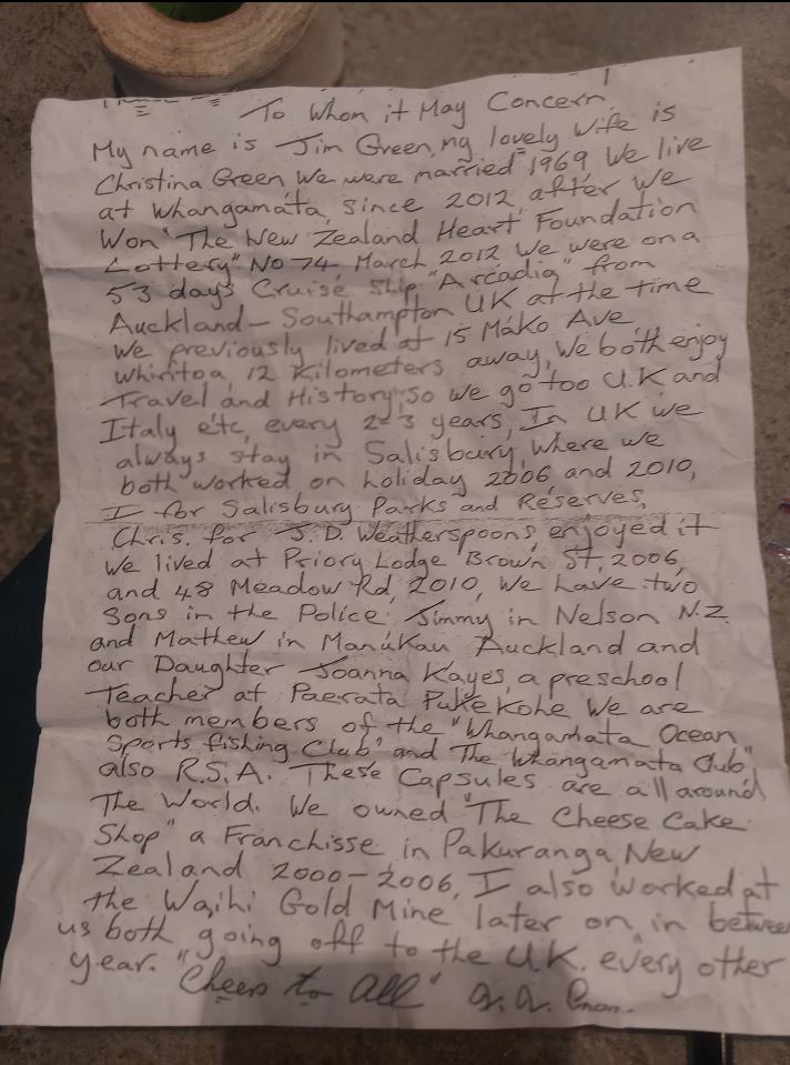 Jim Green wrote this letter in 2014 and put it in a bottle as a time capsule. Photo: Supplied