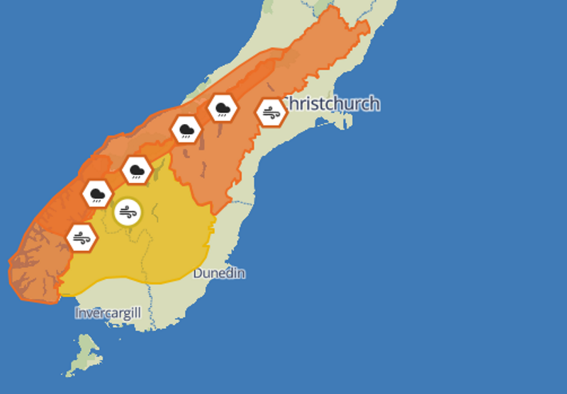 A large part of the South Island is in for wind and rain from Monday to Tuesday. IMAGE: METSERVICE