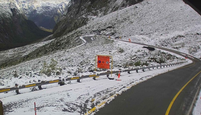 Snow on the Miford Road this morning. Photo: NZTA