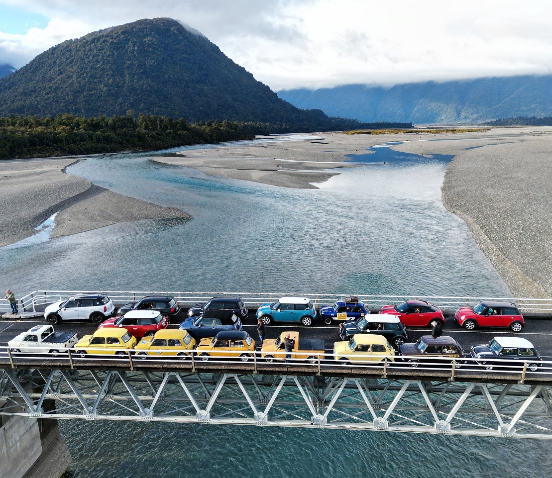 Cars in the mini rally on Haast bridge before departing north and south to head home. PHOTOS:...