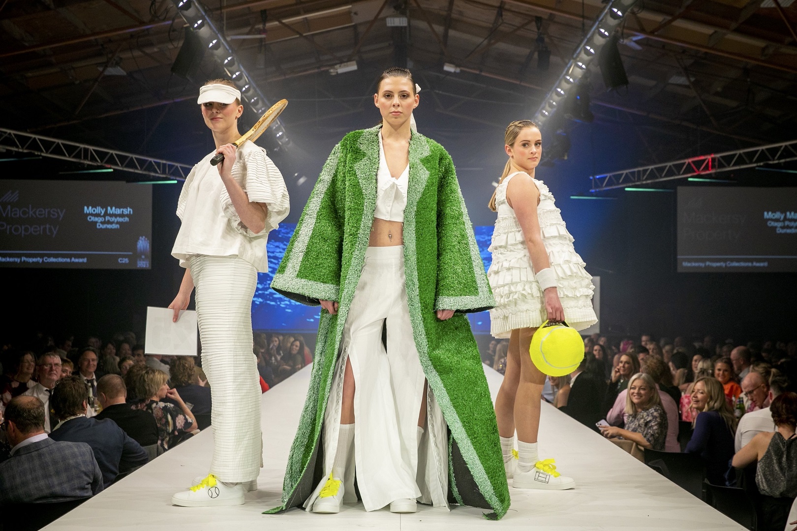 Molly Marsh’s collection of three tennis-inspired garments on the catwalk at Hokonui Fashion...