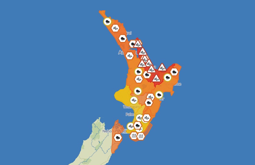 MetService's latest severe weather advisories, about 2.30pm on Saturday. Image: MetService