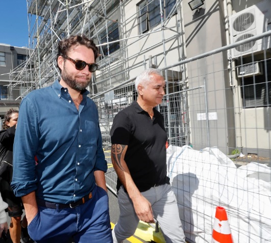 Mike McRoberts and Ryan Bridge leave the newsroom after shock announcement. Photo: NZ Herald