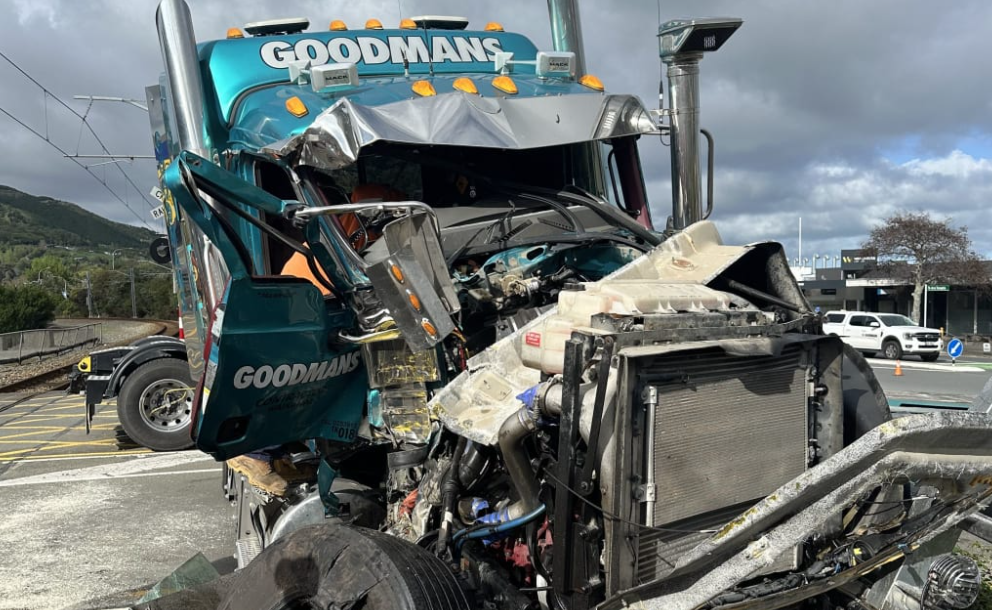 The train collided with the truck in Waikanae about 6.15am. No one was injured, police say. PHOTO...