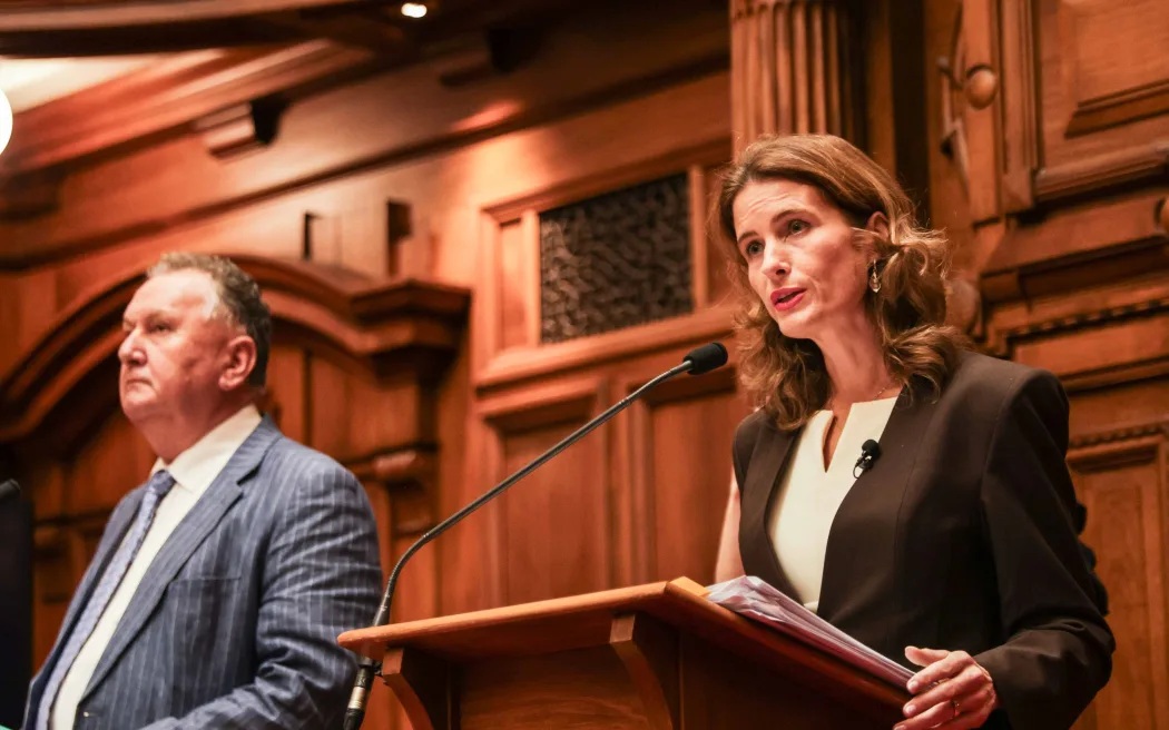 Associate Energy Minister Shane Jones and Finance Minister Nicola Willis at the media briefing at...