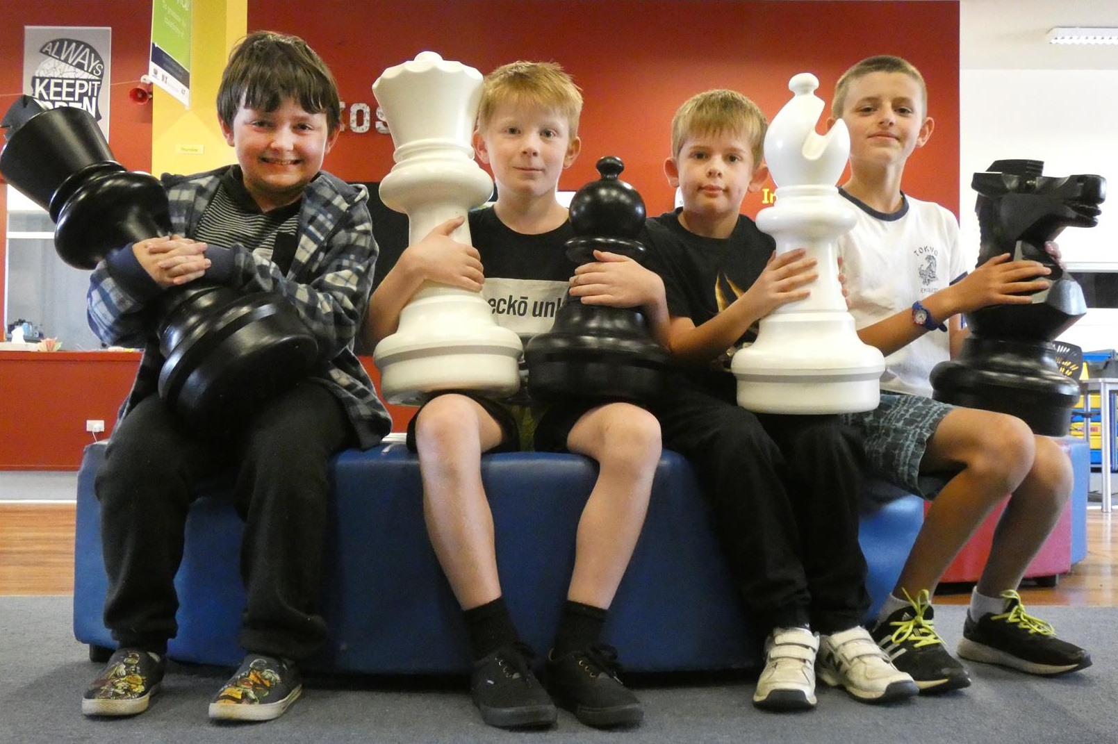 Pupils from Enrich@ILT (from left) Konner Love (10), Cohen Booth (9), Ciaran Crombie (10) and Ben Richardson (11) are planning a giant chess set for Queens Park in Invercargill. Photo: Ben Waterworth