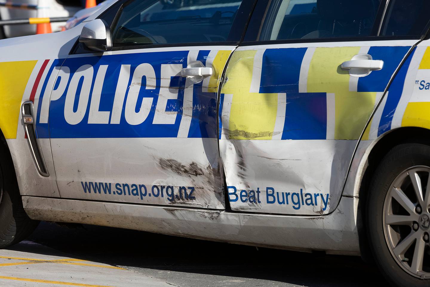 A police car damaged by an alleged fleeing driver in Ponsonby, Auckland. Photo: Marty Melville