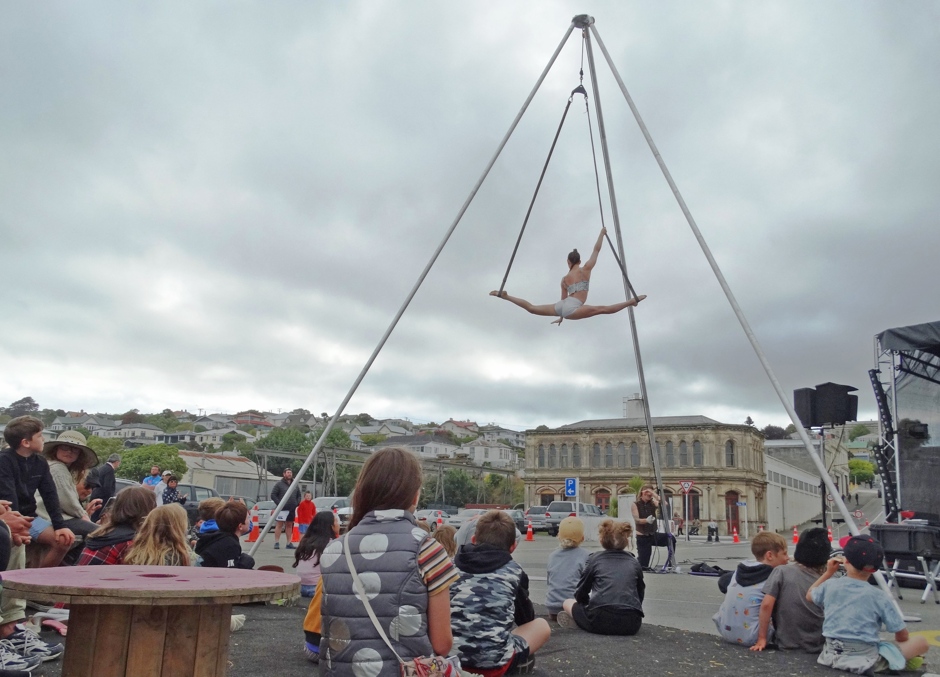 Circus duo Mullet man and Mim perform at Oamaru's Party at the Harbour. PHOTO: RUBY HEYWARD