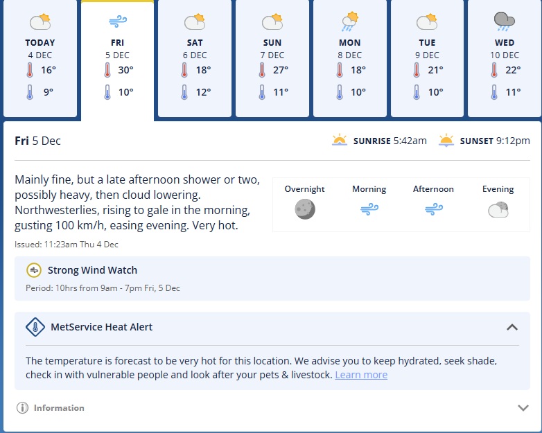 MetService's 7-day forecast for Oamaru. Image: MetService