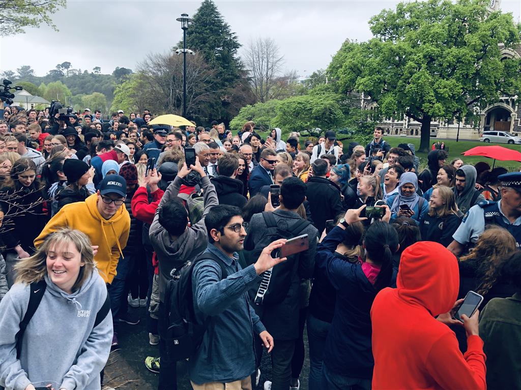 Prime Minister Jacinda Ardern was mobbed by students following her speech at the University of...