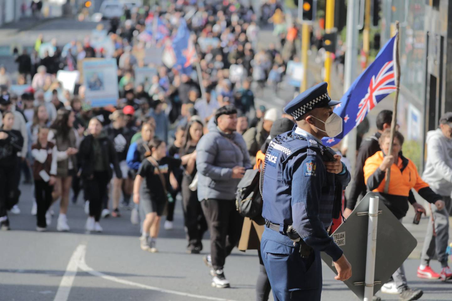 Protesters on their way from the Domain to Auckland's Southern Motorway this morning. Photo: NZ...