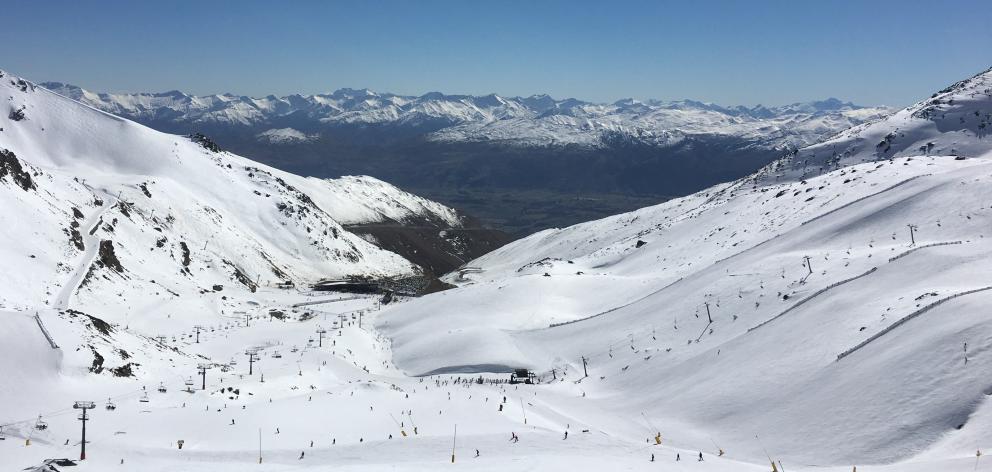 The Remarkables skifield near Queenstown. The Sugar Bowl lift is shown climbing the mountain on...