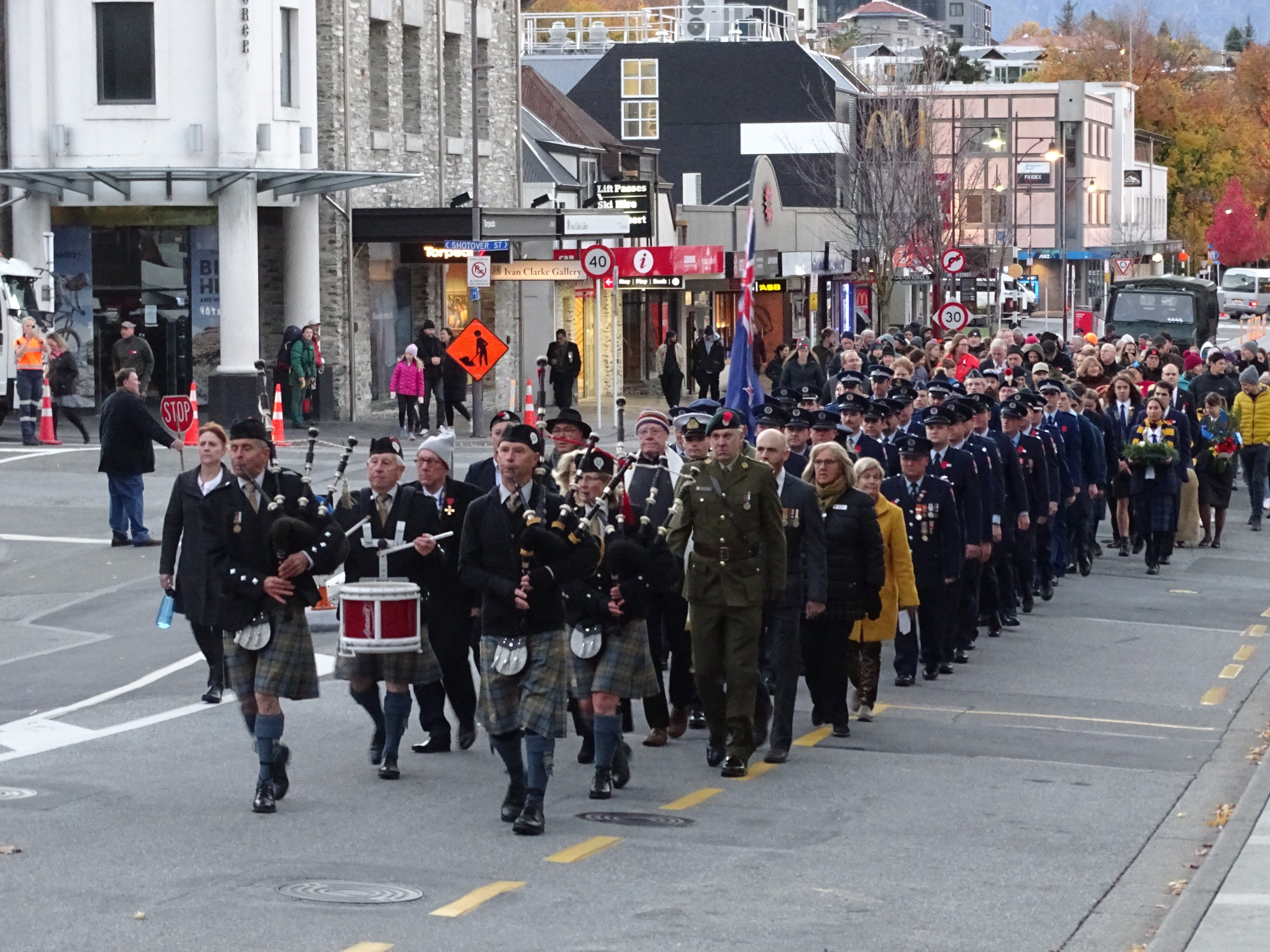 Dawn service attendees march to the Queenstown Memorial Centre. PHOTO: CASS MARRETT