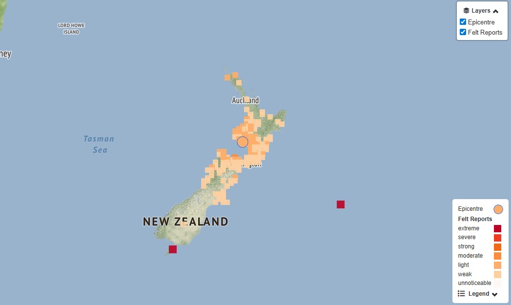 On the Geonet website, 14077 people reported feeling the magnitude 5.4 quake on Friday. Image:...