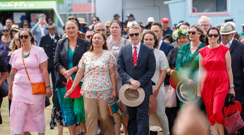 Green co-leader Marama Davidson with Labour leader Chris Hipkins (centre) were welcomed on the...