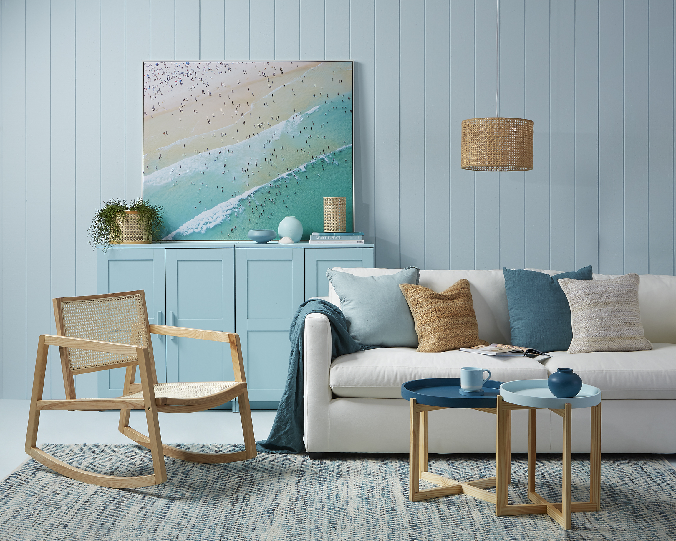 Beach blues and sandy oatmeals set the blissful scene in this living room, reminiscent of blue...