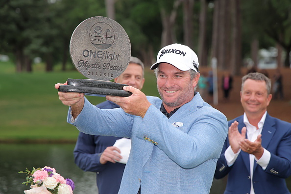 Ryan Fox celebrates with the trophy after his first PGA Tour win at Myrtle Beach in South...