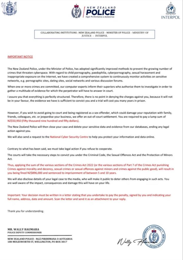 This bogus notice urges Kiwis to pay up to avoid going to court or be registered as a sex offender.
