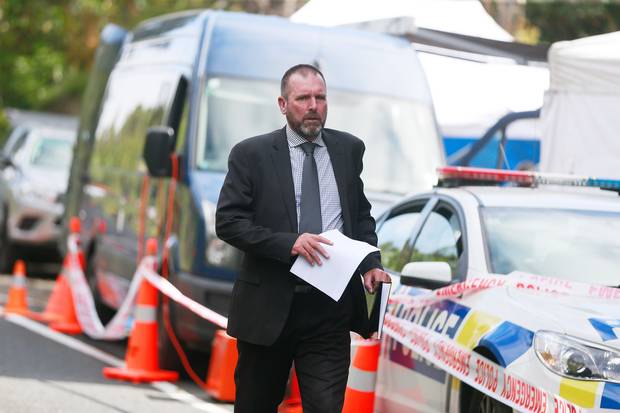 Detective Inspector Scott Beard as he walked to break the news to media that Grace Millane's body had been found. Photo: NZME