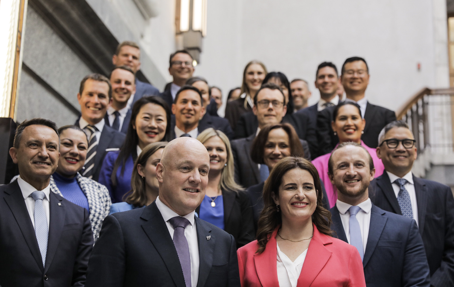 New National MPs gathered at Parliament this afternoon. Photo: RNZ 