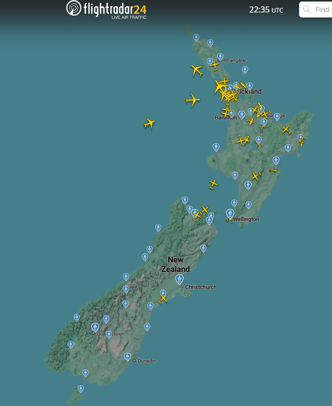FlightRadar24 shows the dearth of flights over the South Island this morning. Photo: Screenshot
