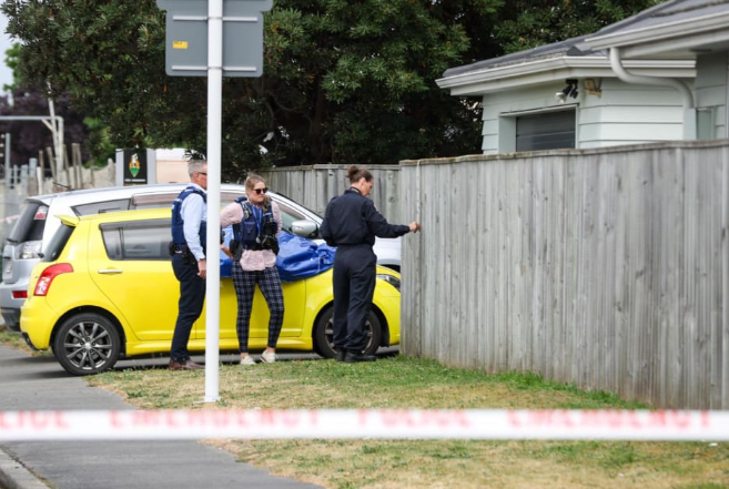 Police at the scene on Tuesday. Photo: RNZ/Nathan Mckinnon