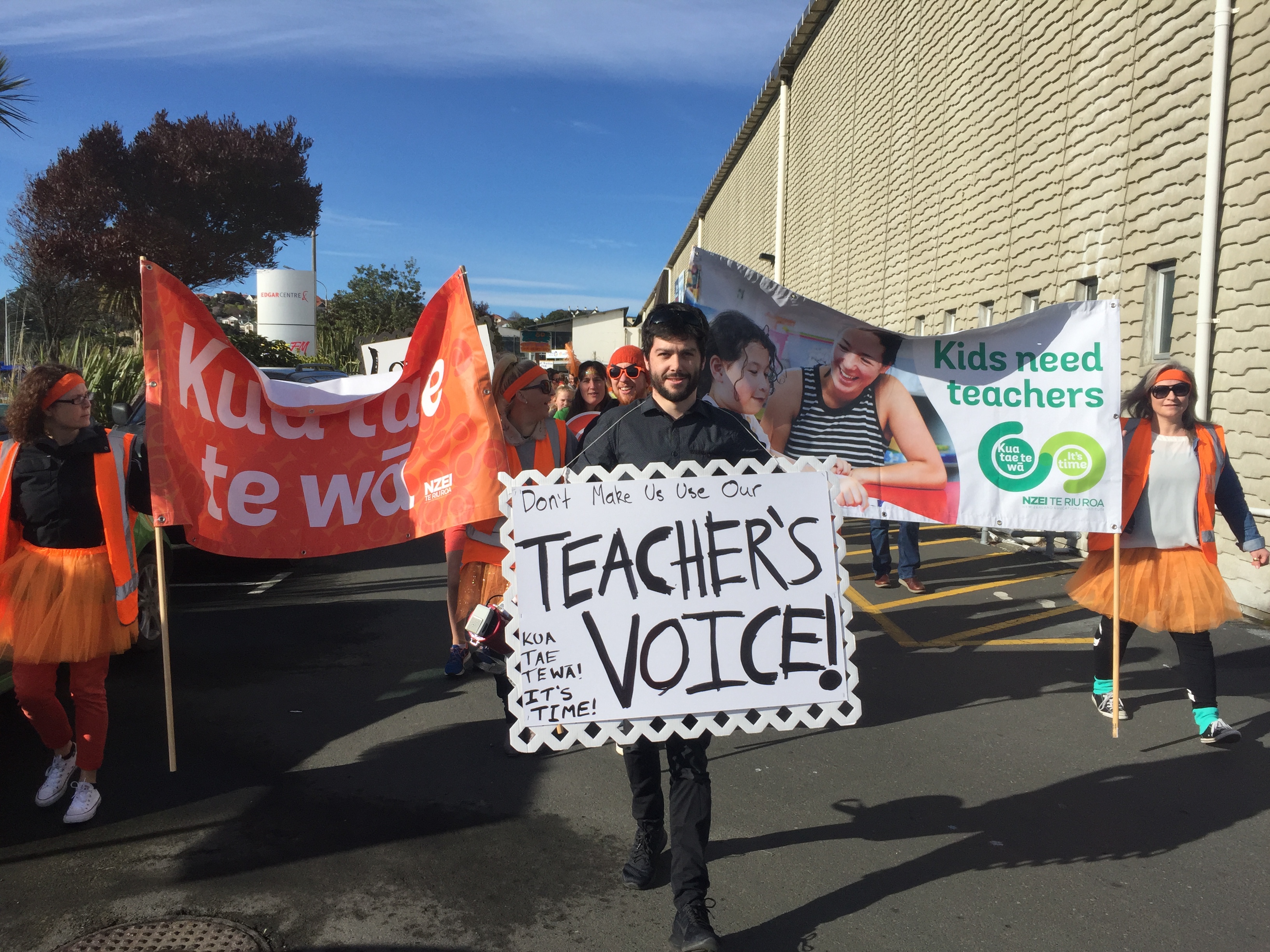 Dunedin teachers march outside the Edgar Centre today. Photo: Tim Miller