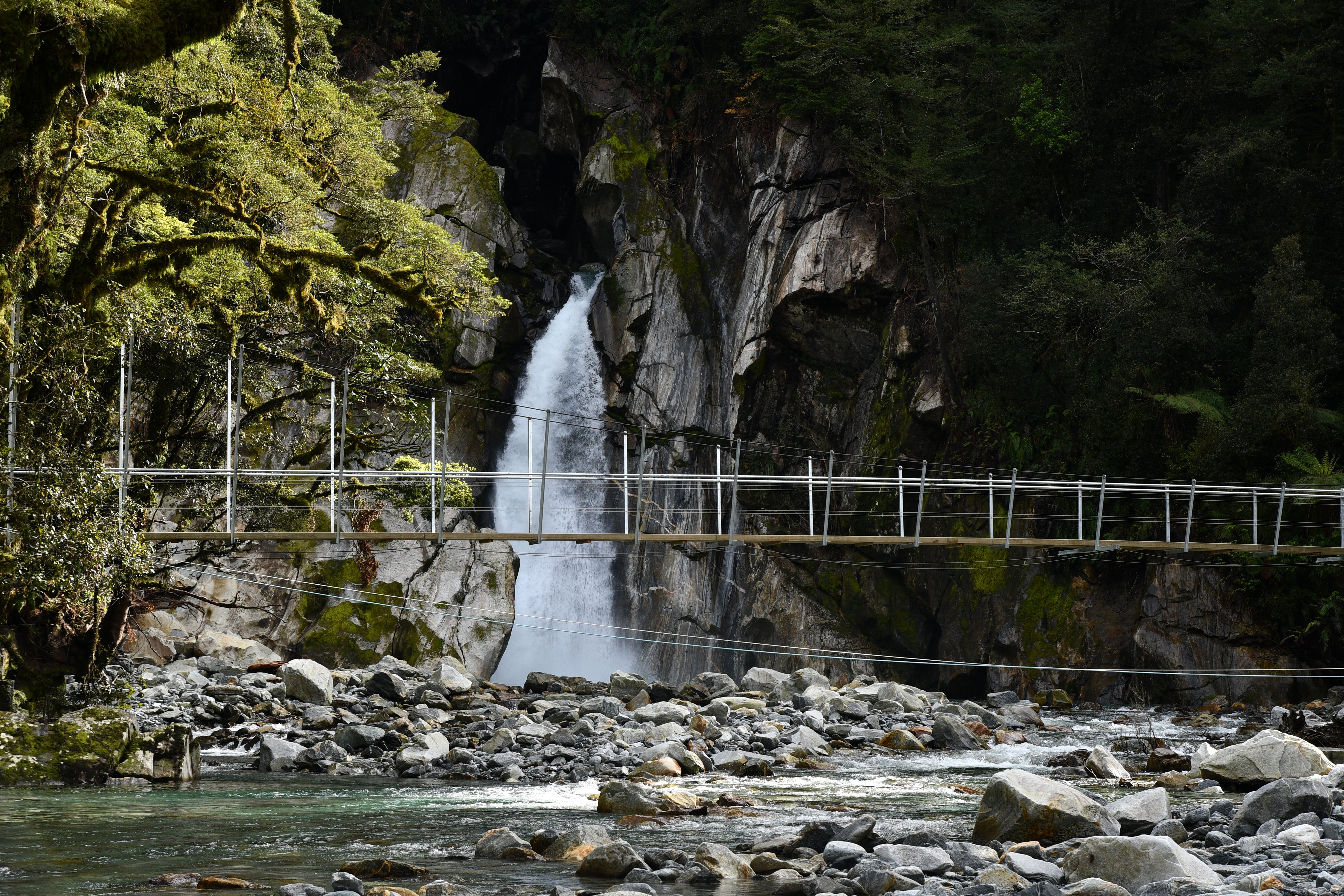 The newly built bridge at Giants Gate on the Milford Track replaced the old one which was damaged...