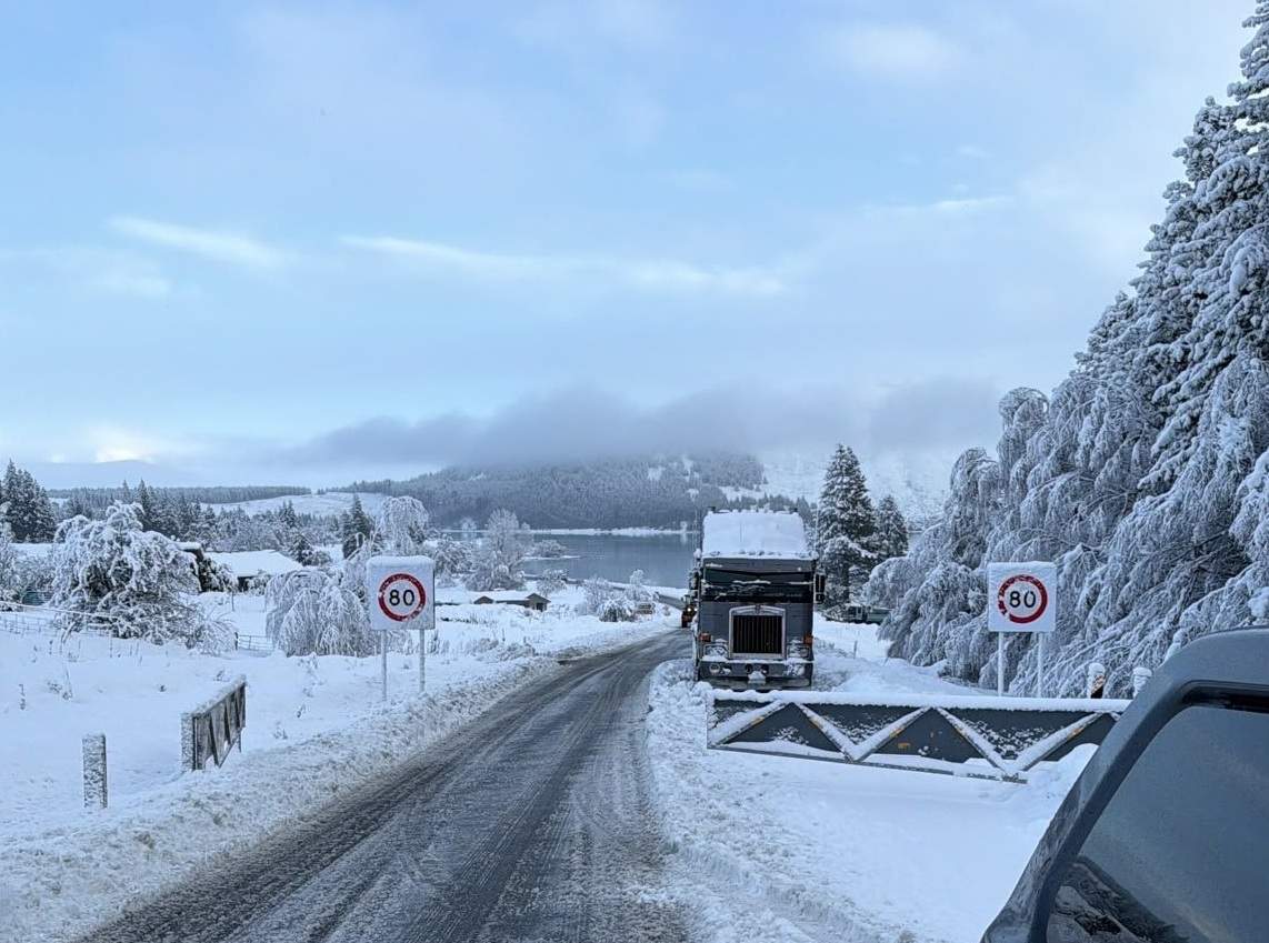 Snow on State Highway 8 in the Mackenzie Basin on Wednesday morning. Photo: NZTA